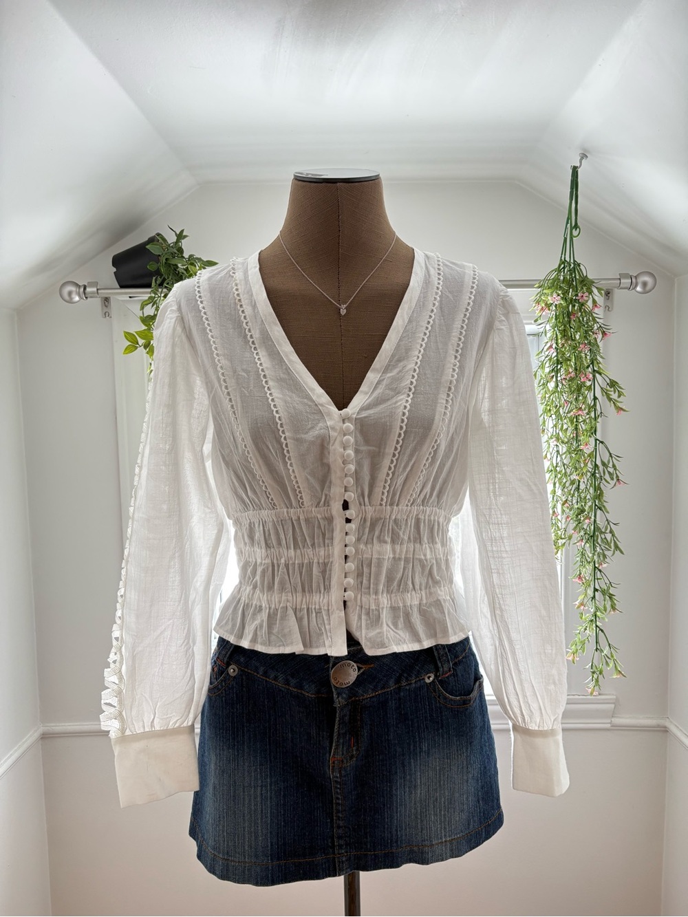 Women's White V-Neck Smocked Waist Lace-Trim Blouse